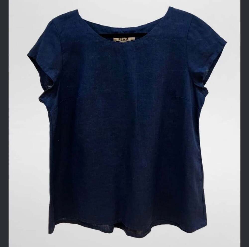 FLAX Tuck Back Tee Navy Blue Linen Cap Sleeve Top Size M